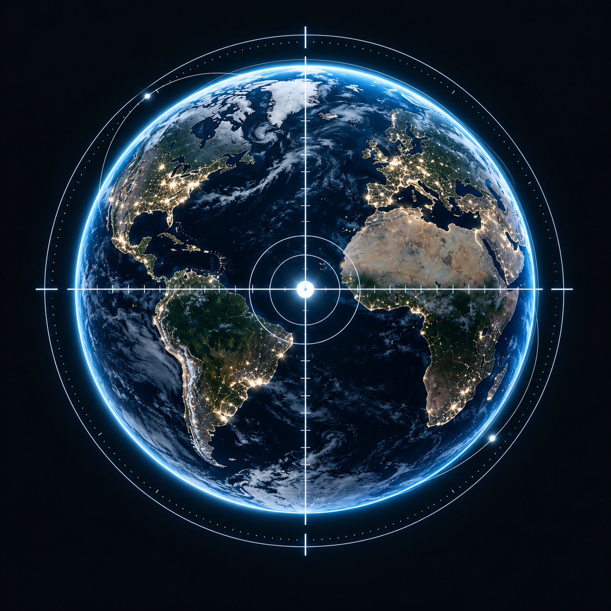 A round Earth with recognizable continents and warm city lights, framed by fine crosshairs and concentric targeting rings.
