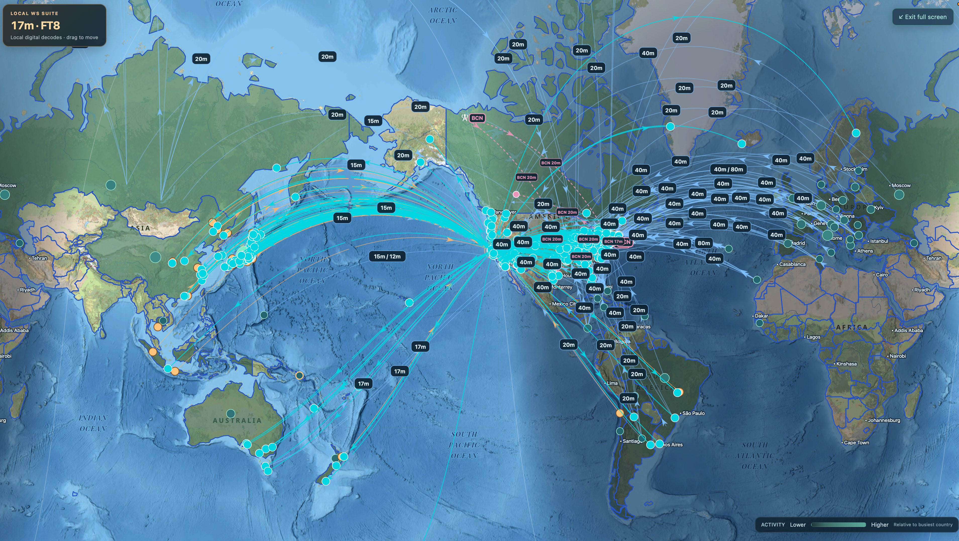 DX Caliber World Activity Map showing stations, band-labeled geodesics, and day/night shading